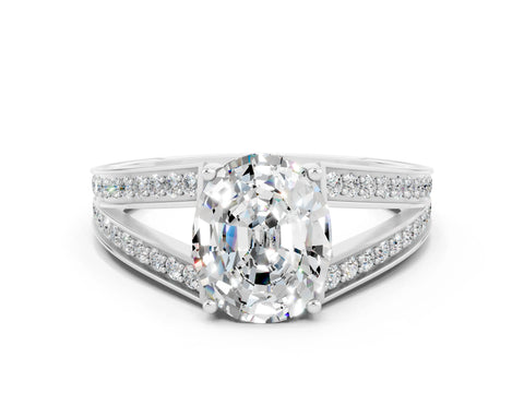 White gold Oval Cut Moissanite Split Shank Ring with Pavé Band and Four-Prong Setting