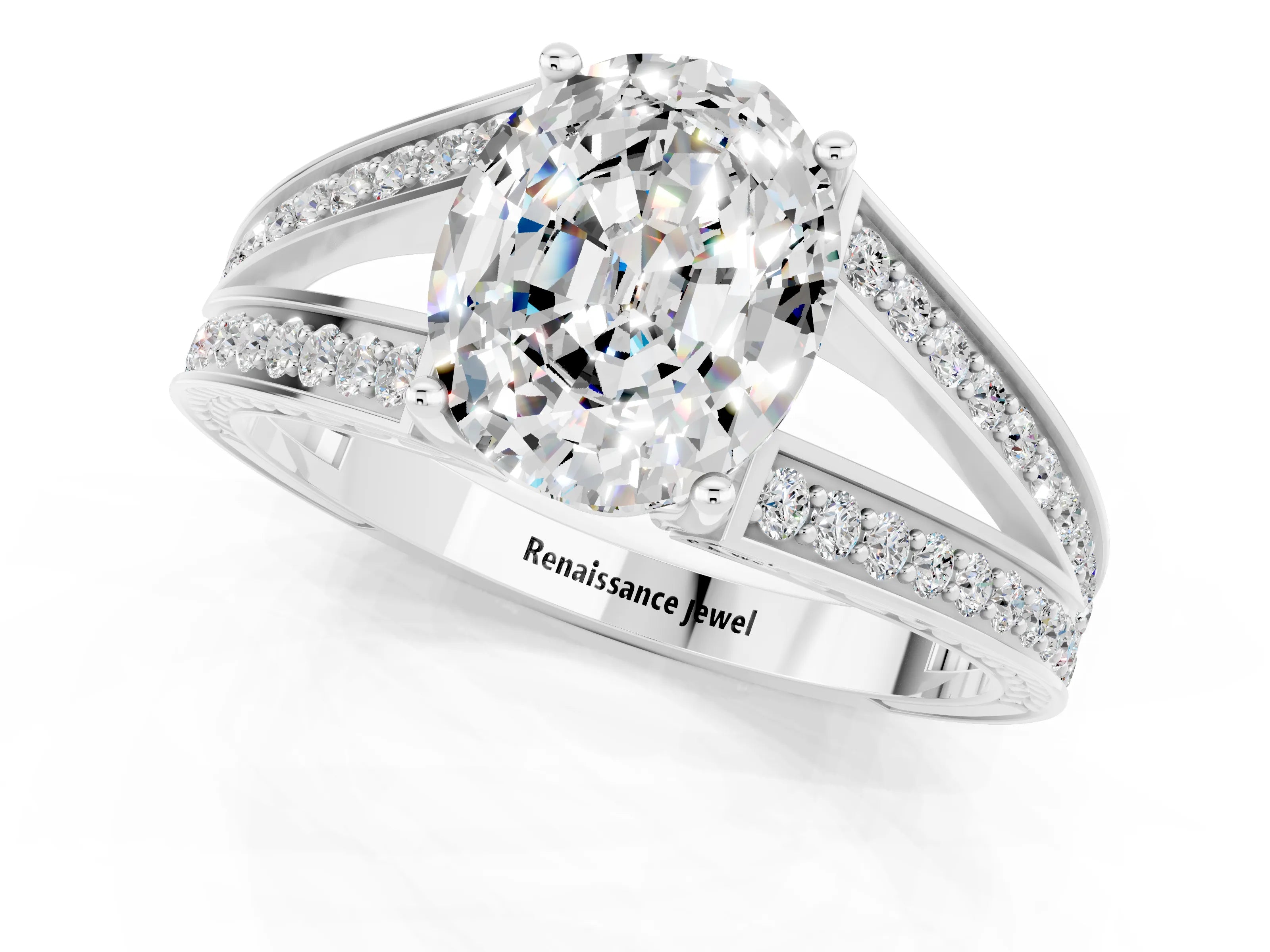 White gold Oval Cut Moissanite Split Shank Ring with Pavé Band and Four-Prong Setting_1