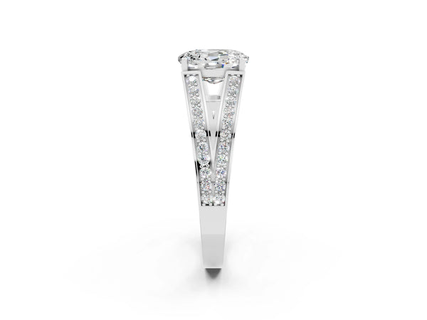White gold Oval Cut Moissanite Split Shank Ring with Pavé Band and Four-Prong Setting