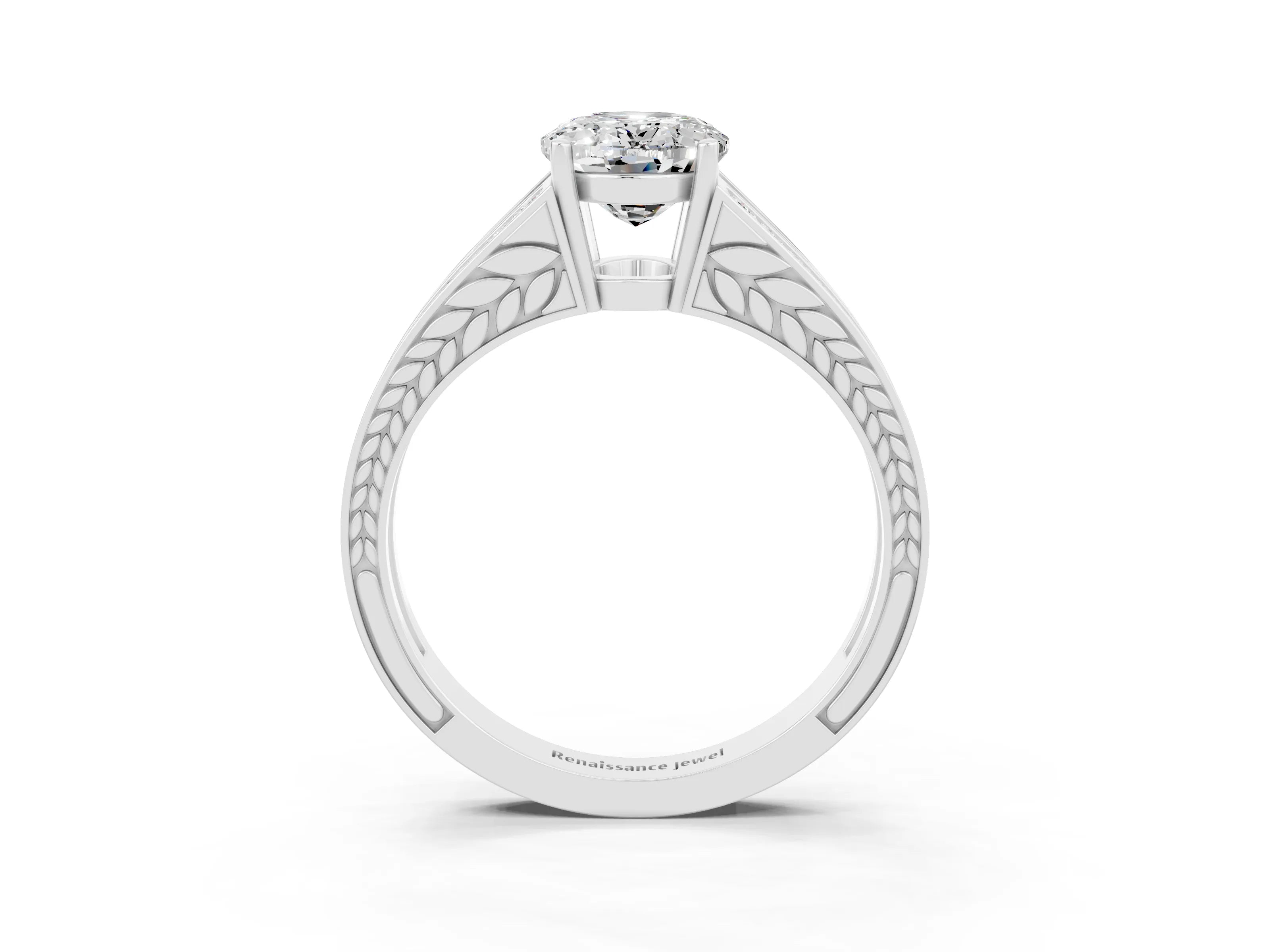 White gold Oval Cut Moissanite Split Shank Ring with Pavé Band and Four-Prong Setting_3
