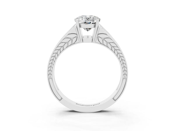 White gold Oval Cut Moissanite Split Shank Ring with Pavé Band and Four-Prong Setting