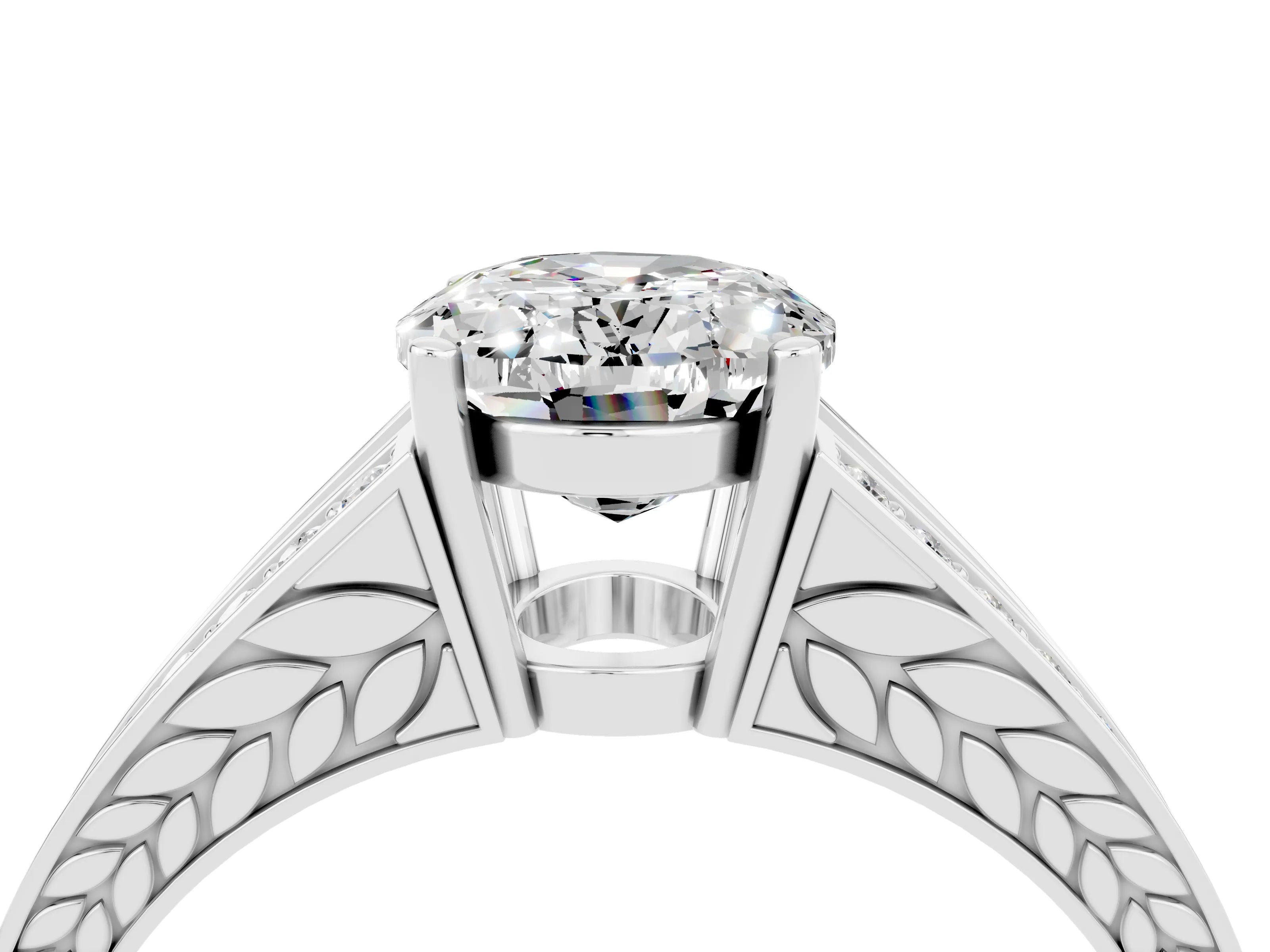 White gold Oval Cut Moissanite Split Shank Ring with Pavé Band and Four-Prong Setting_4