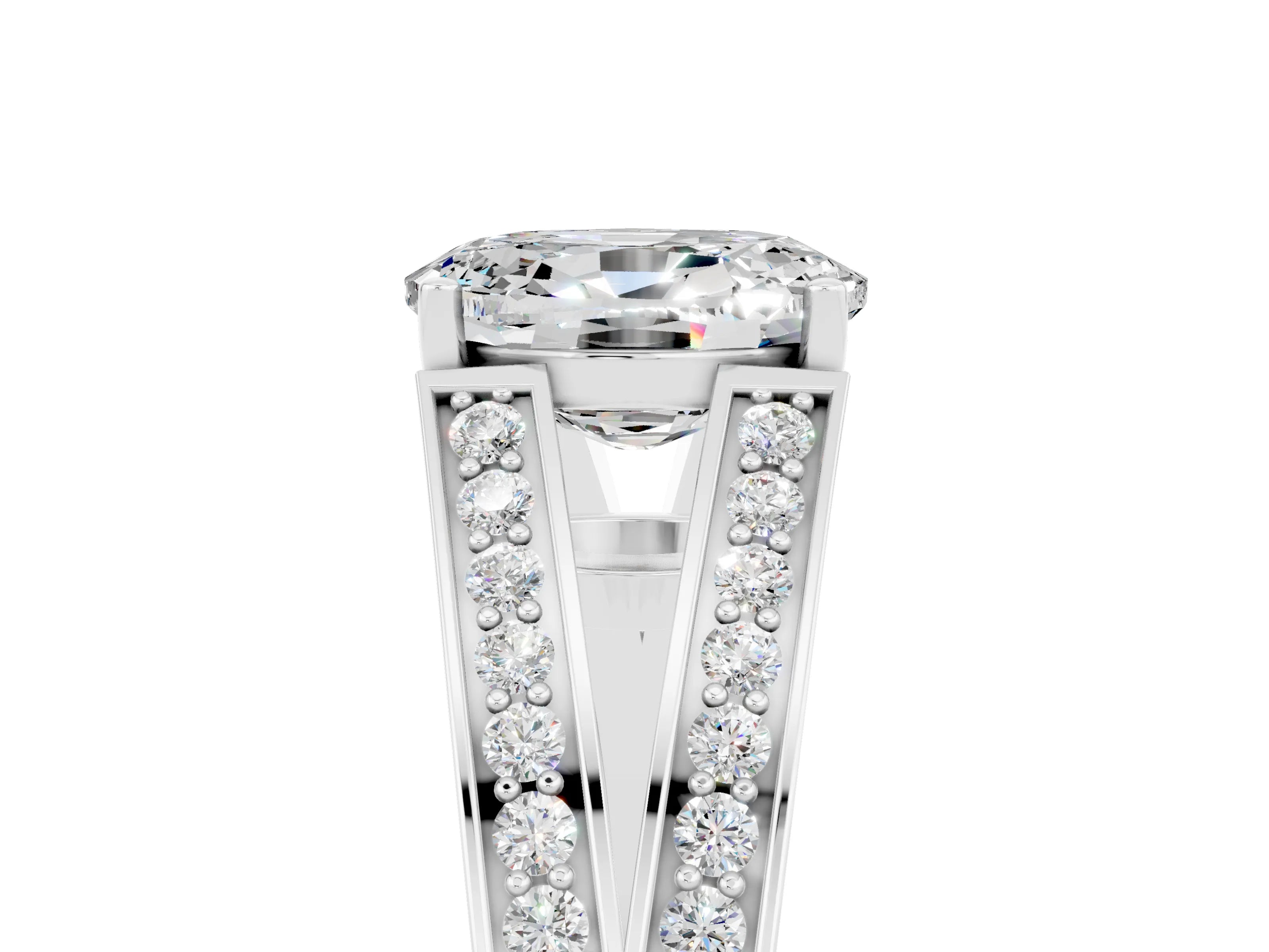 White gold Oval Cut Moissanite Split Shank Ring with Pavé Band and Four-Prong Setting_5