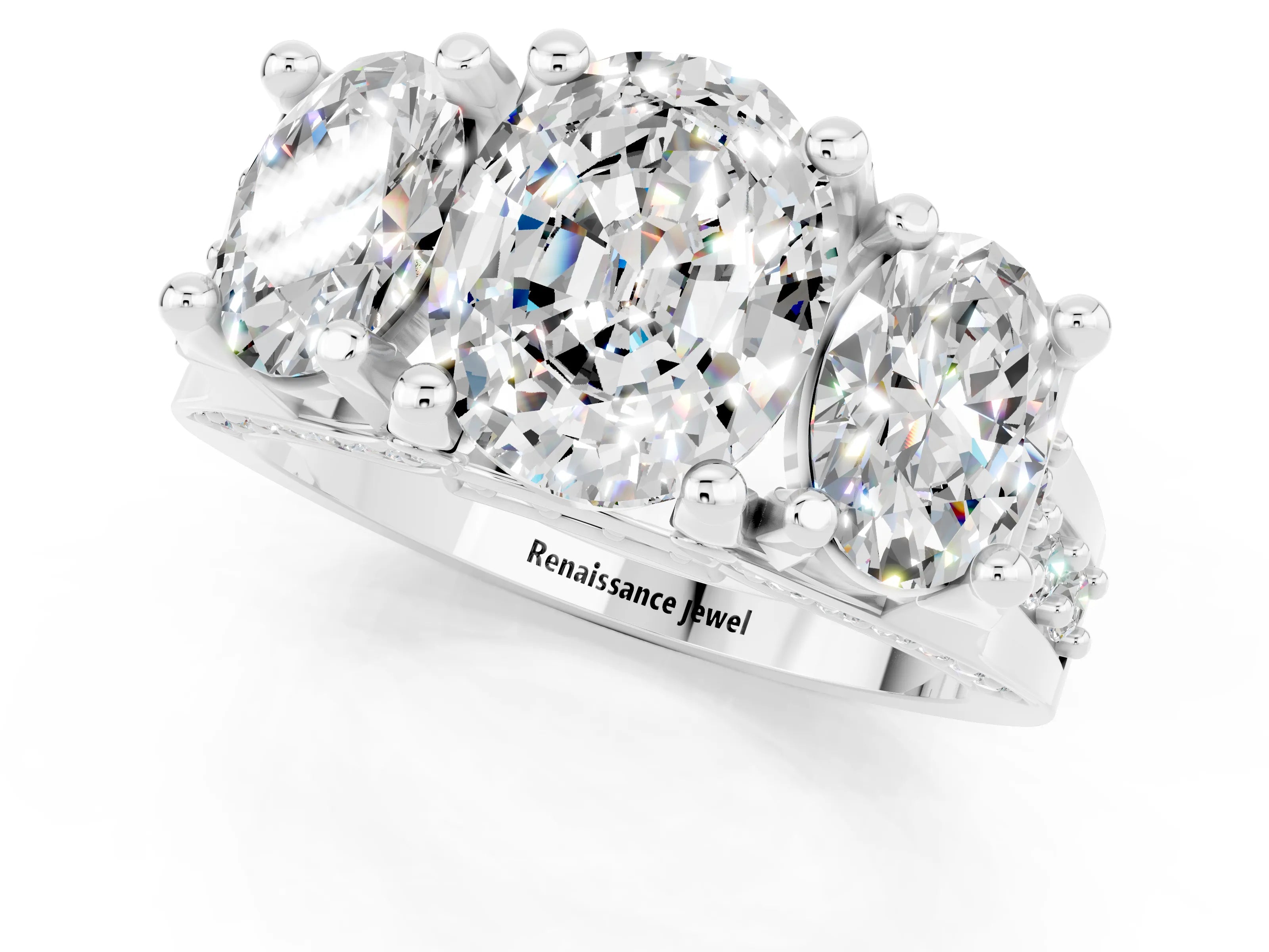 White gold Oval Cut Moissanite Three-Stone Ring with Channel Set Band and Four-Prong Setting_1
