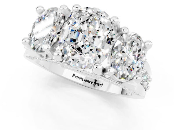 White gold Oval Cut Moissanite Three-Stone Ring with Channel Set Band and Four-Prong Setting