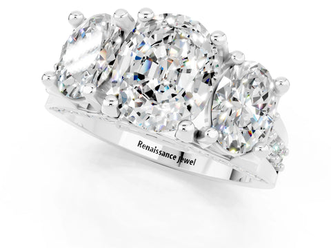 White gold Oval Cut Moissanite Three-Stone Ring with Channel Set Band and Four-Prong Setting_1