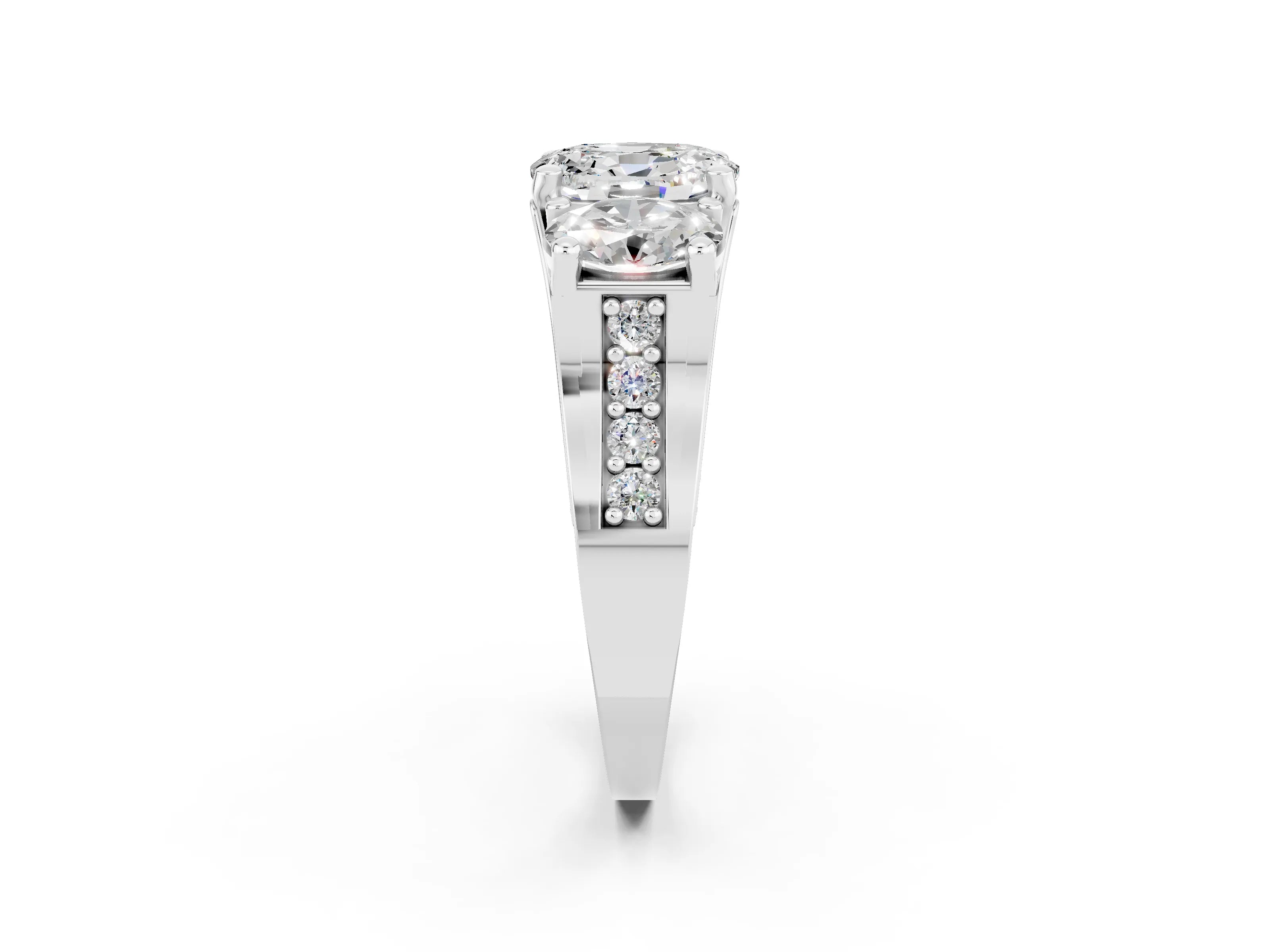 White gold Oval Cut Moissanite Three-Stone Ring with Channel Set Band and Four-Prong Setting_2