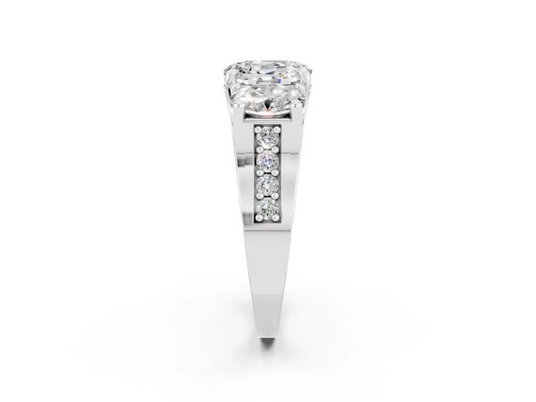 Platinum Oval Cut Moissanite Three-Stone Ring with Channel Set Band and Four-Prong Setting