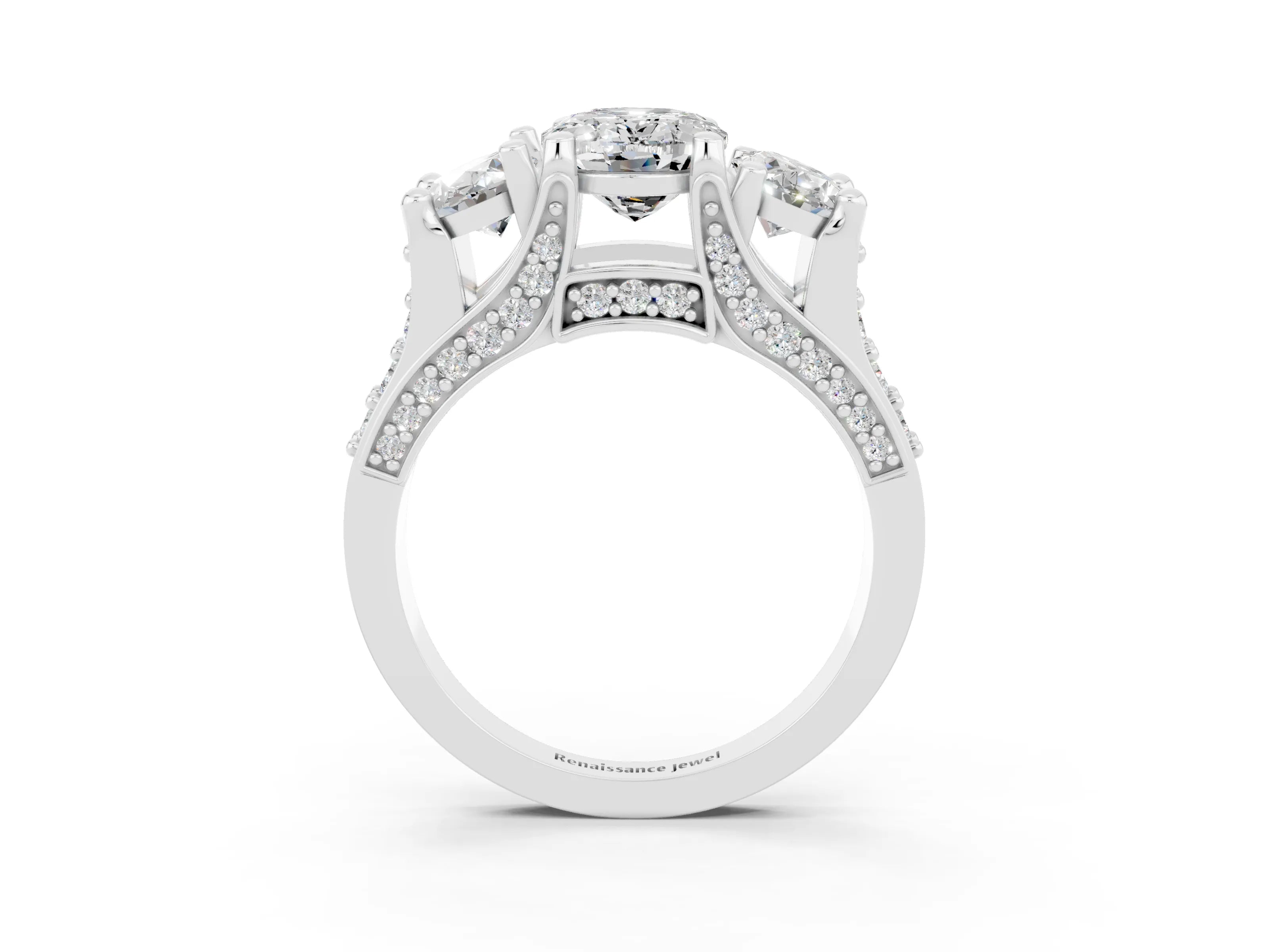 White gold Oval Cut Moissanite Three-Stone Ring with Channel Set Band and Four-Prong Setting_3