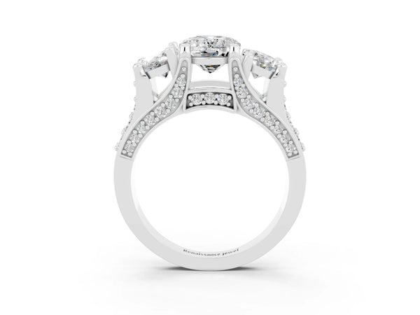 White gold Oval Cut Moissanite Three-Stone Ring with Channel Set Band and Four-Prong Setting