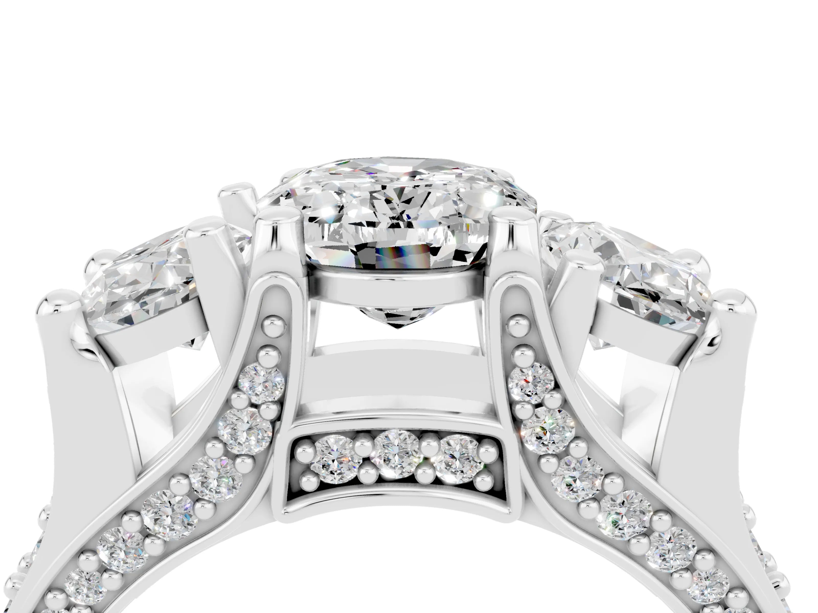 White gold Oval Cut Moissanite Three-Stone Ring with Channel Set Band and Four-Prong Setting_4