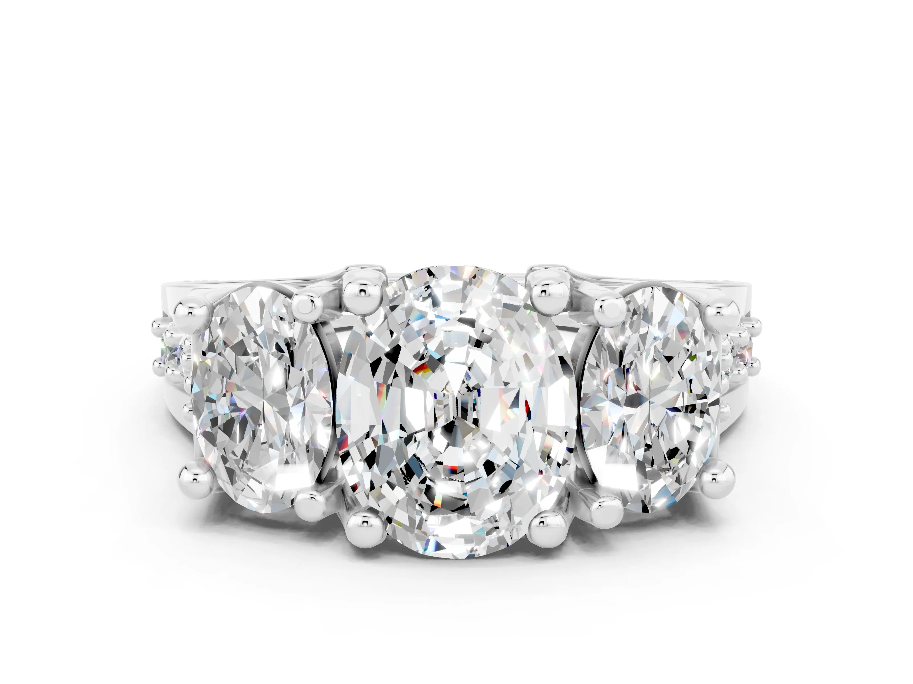 White gold Oval Cut Moissanite Three-Stone Ring with Channel Set Band and Four-Prong Setting