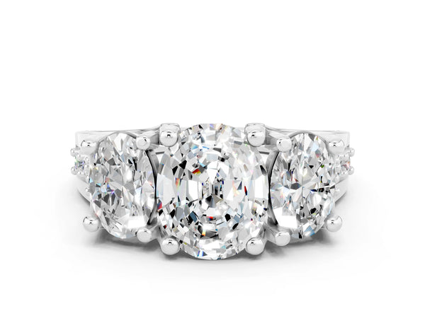 Silver Oval Cut Moissanite Three-Stone Ring with Channel Set Band and Four-Prong Setting