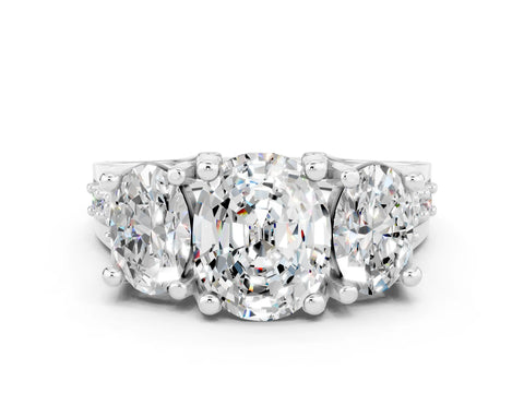 White gold Oval Cut Moissanite Three-Stone Ring with Channel Set Band and Four-Prong Setting