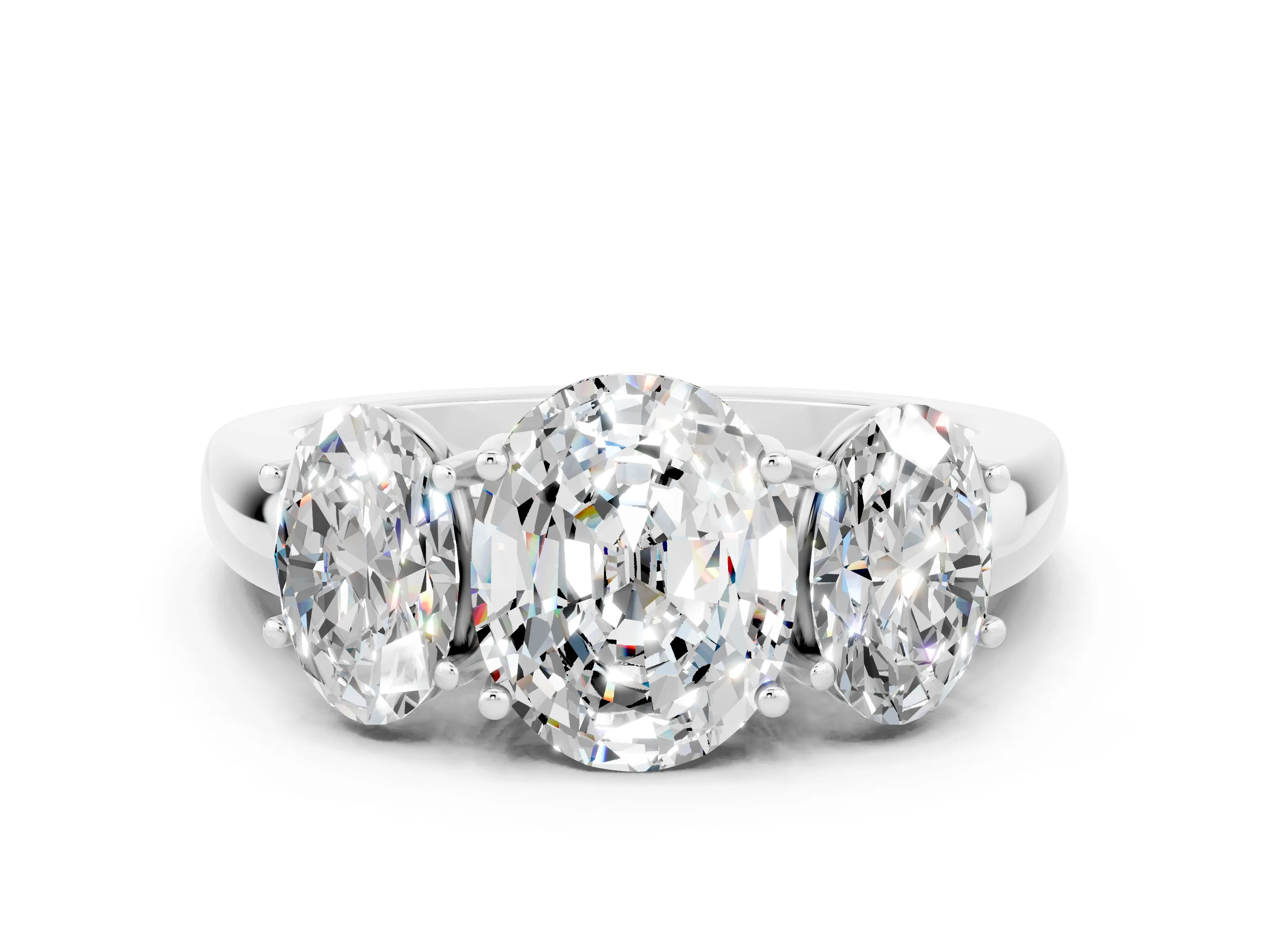 White gold Oval Cut Moissanite Three-Stone Ring with Four-Prong Setting and Classic Band