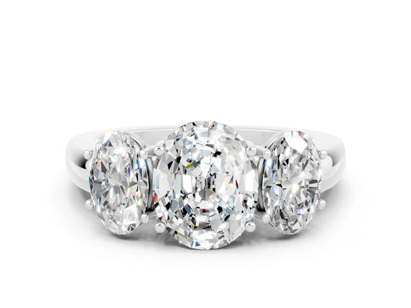 White gold Oval Cut Moissanite Three-Stone Ring with Four-Prong Setting and Classic Band