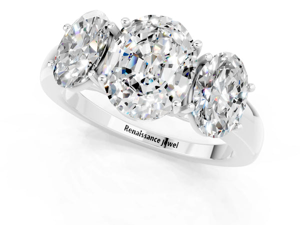 White gold Oval Cut Moissanite Three-Stone Ring with Four-Prong Setting and Classic Band