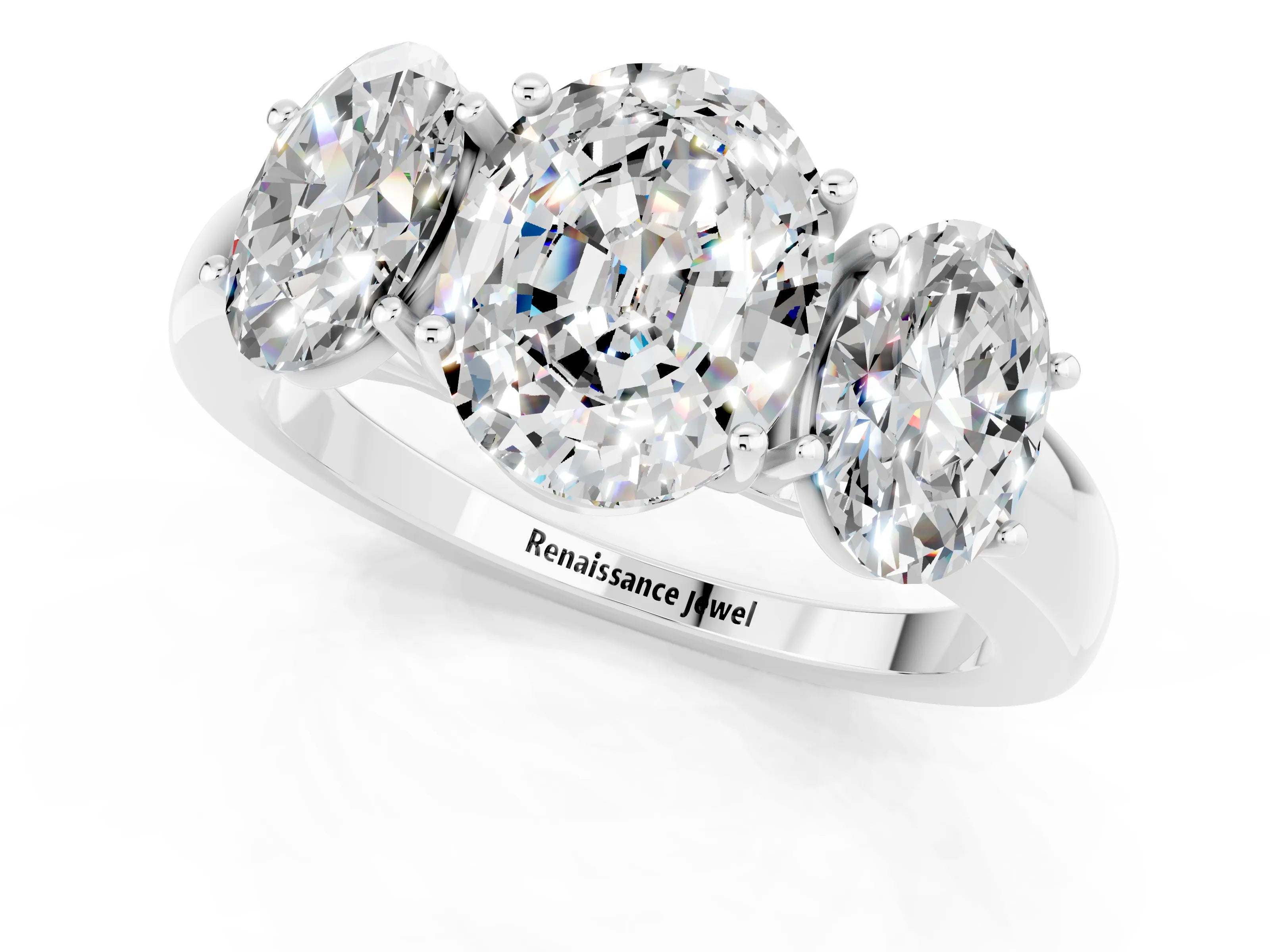 White gold Oval Cut Moissanite Three-Stone Ring with Four-Prong Setting and Classic Band_1