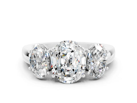 White gold Oval Cut Moissanite Three-Stone Ring with Four-Prong Setting and Classic Band