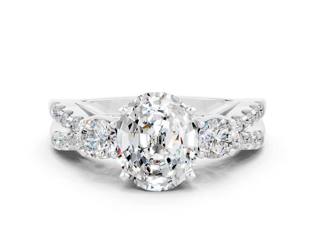 White gold Oval Cut Moissanite Three-Stone Ring with Pavé Split Shank and Four-Prong Setting_12