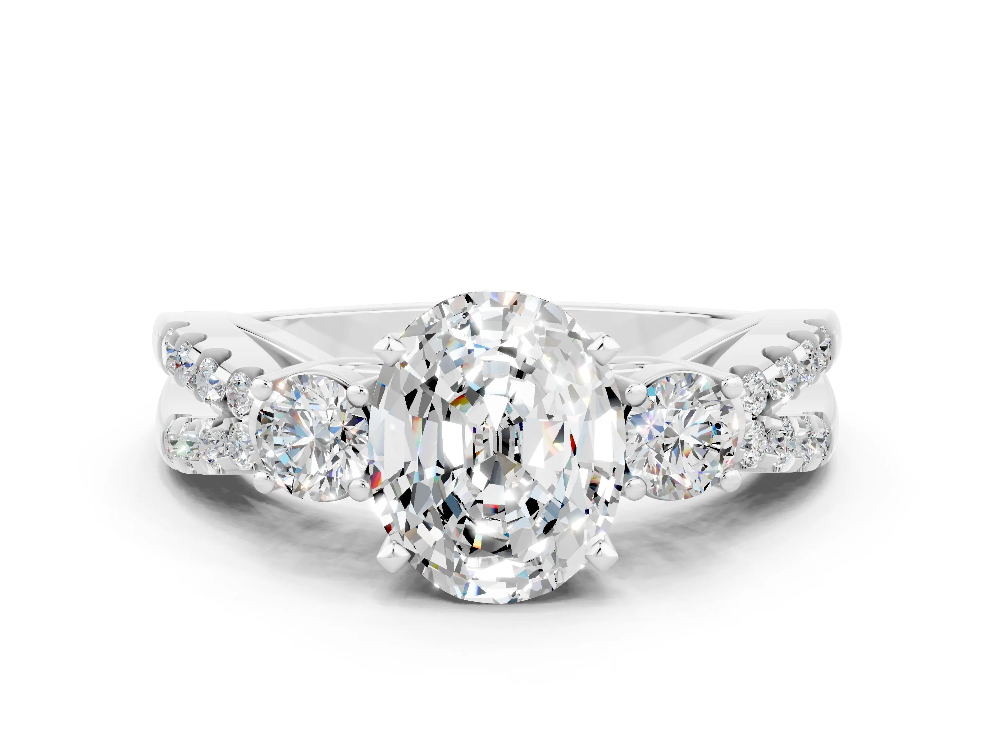 White gold Oval Cut Moissanite Three-Stone Ring with Pavé Split Shank and Four-Prong Setting_12