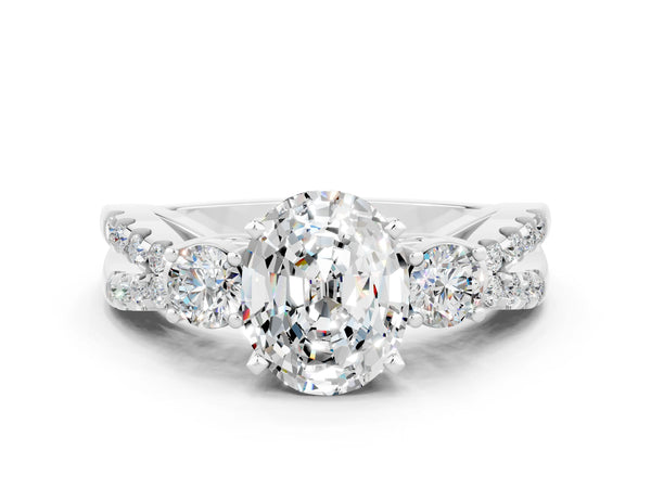 Silver Oval Cut Moissanite Three-Stone Ring with Pavé Split Shank and Four-Prong Setting