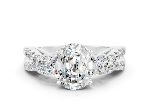 White gold Oval Cut Moissanite Three-Stone Ring with Pavé Split Shank and Four-Prong Setting_12
