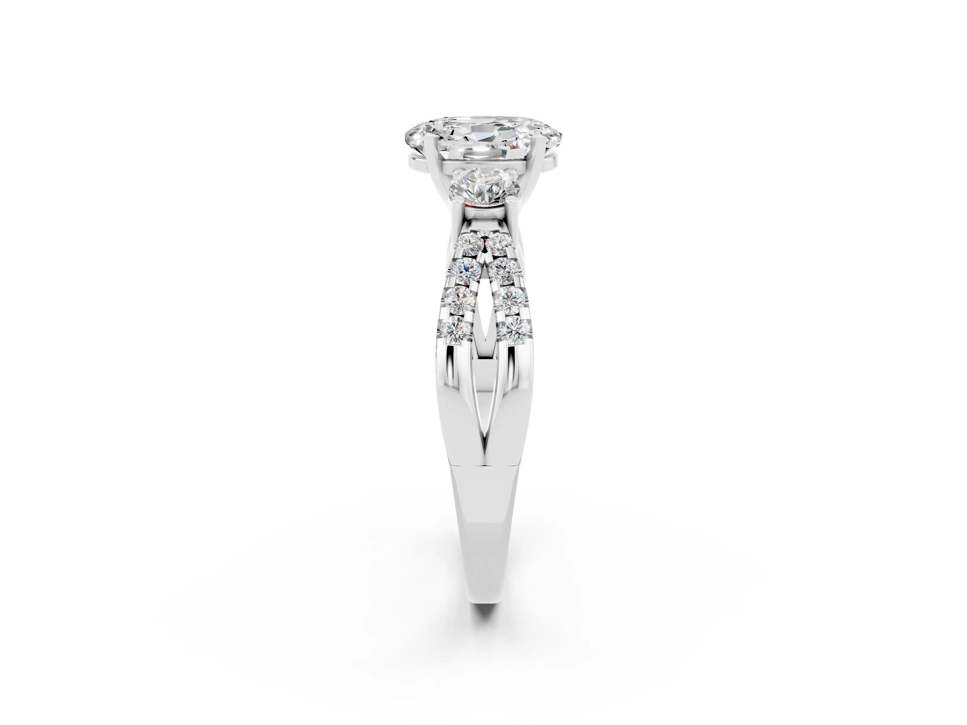 White gold Oval Cut Moissanite Three-Stone Ring with Pavé Split Shank and Four-Prong Setting_14