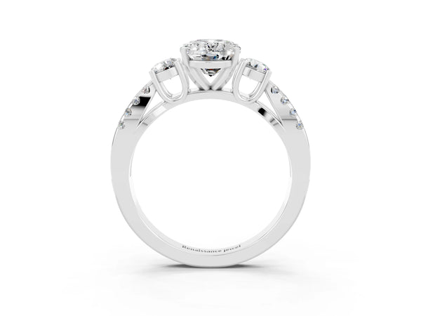 Platinum Oval Cut Moissanite Three-Stone Ring with Pavé Split Shank and Four-Prong Setting
