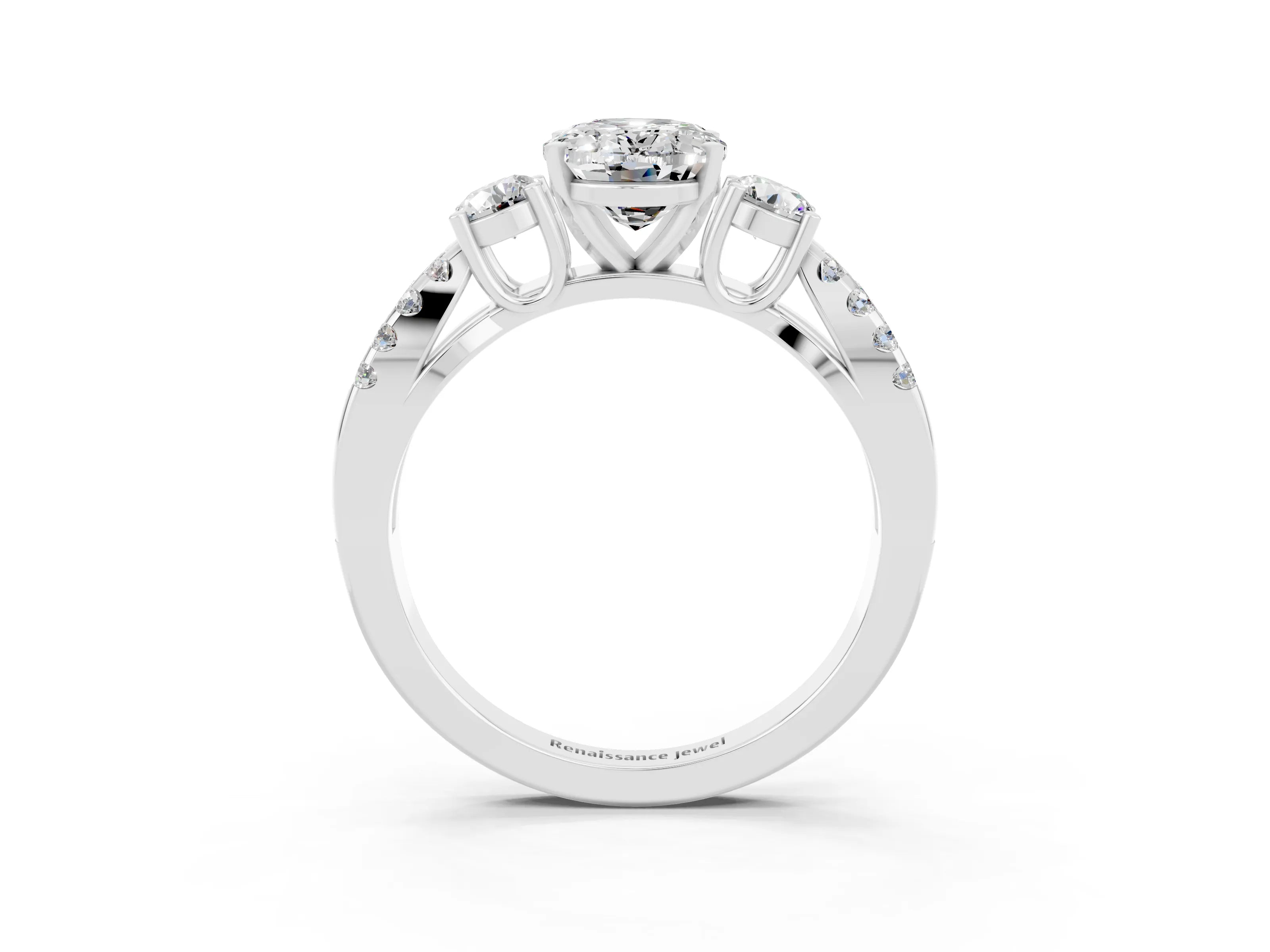 White gold Oval Cut Moissanite Three-Stone Ring with Pavé Split Shank and Four-Prong Setting_15