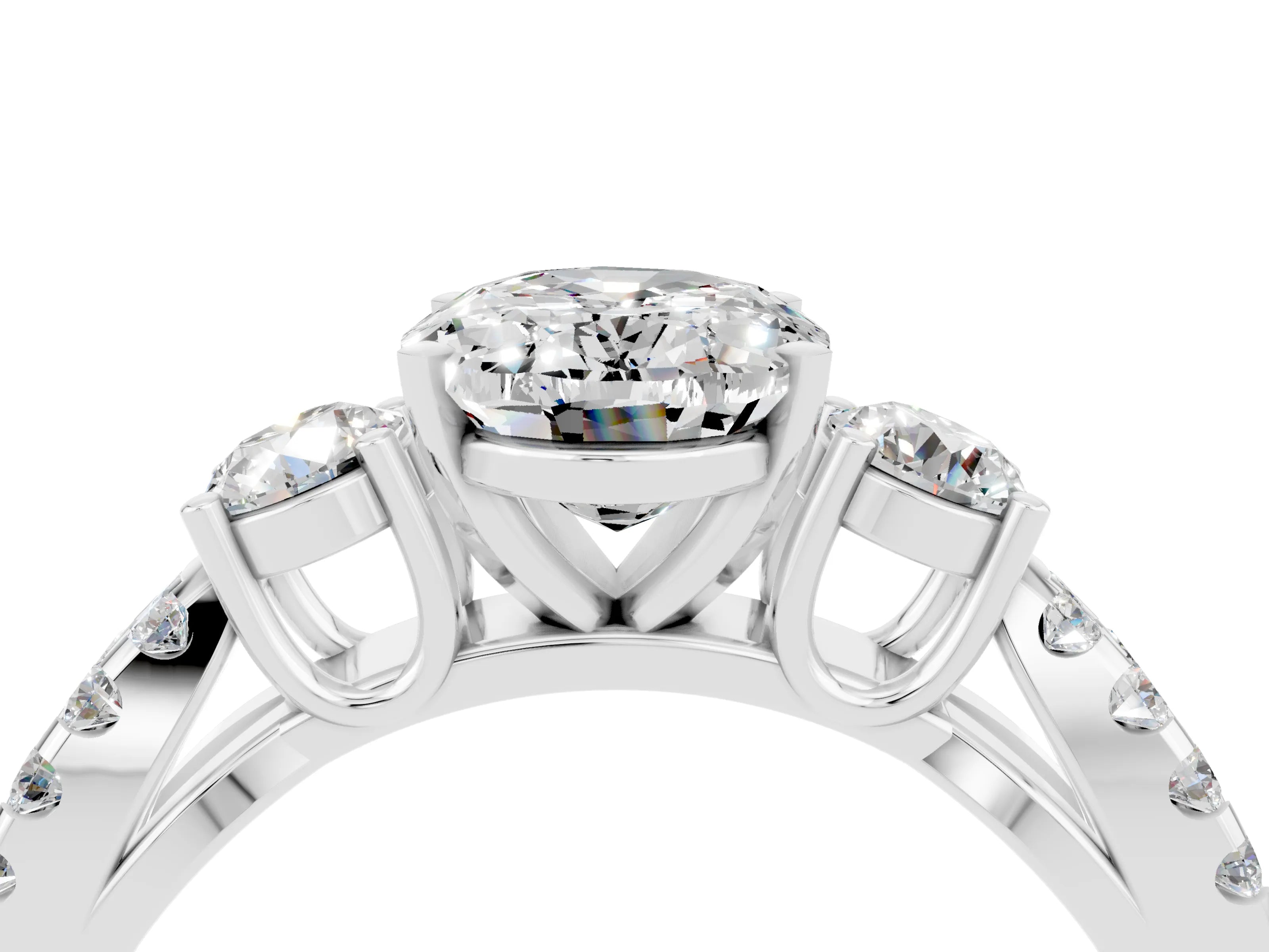 White gold Oval Cut Moissanite Three-Stone Ring with Pavé Split Shank and Four-Prong Setting_16