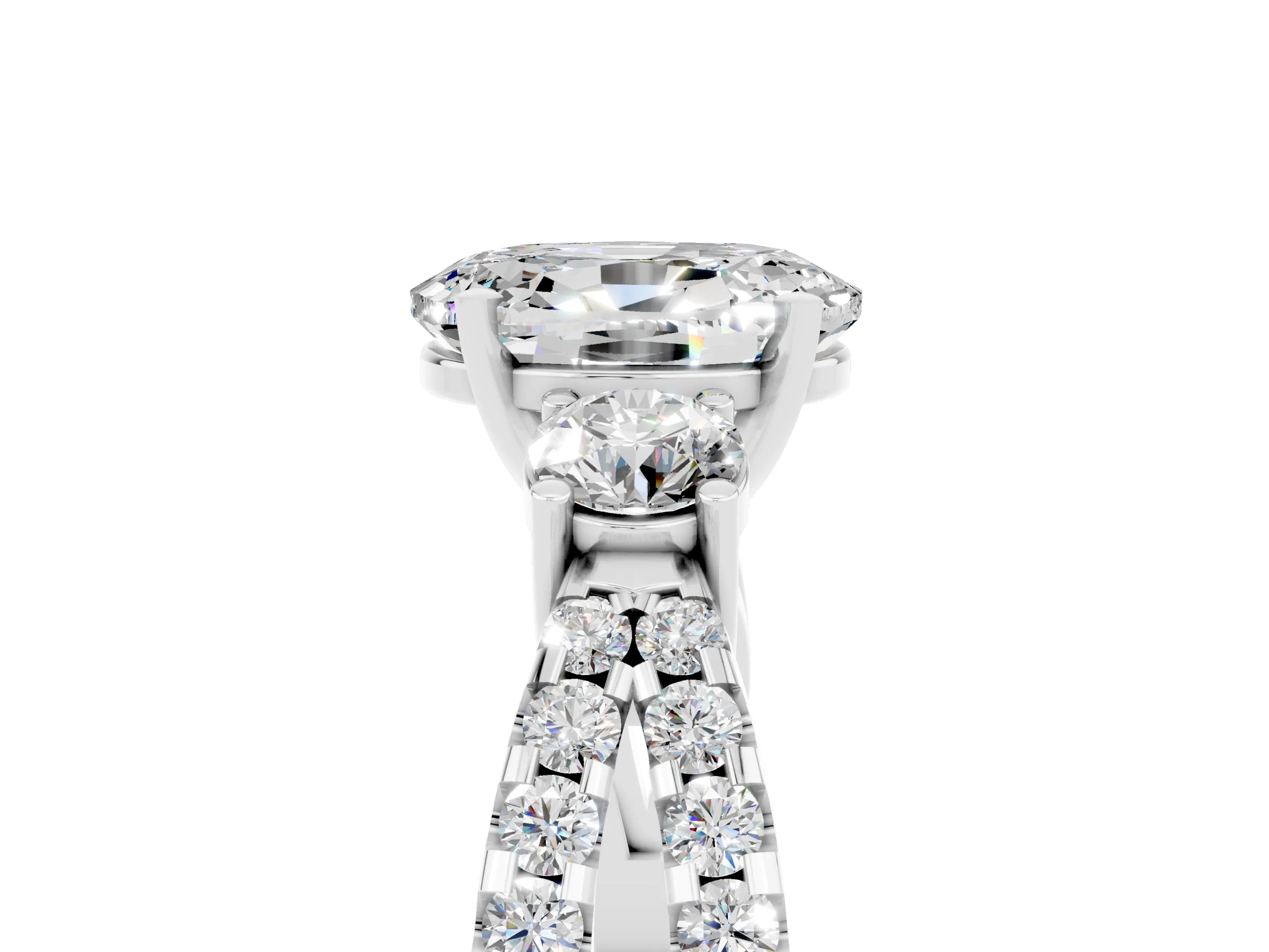 White gold Oval Cut Moissanite Three-Stone Ring with Pavé Split Shank and Four-Prong Setting_17