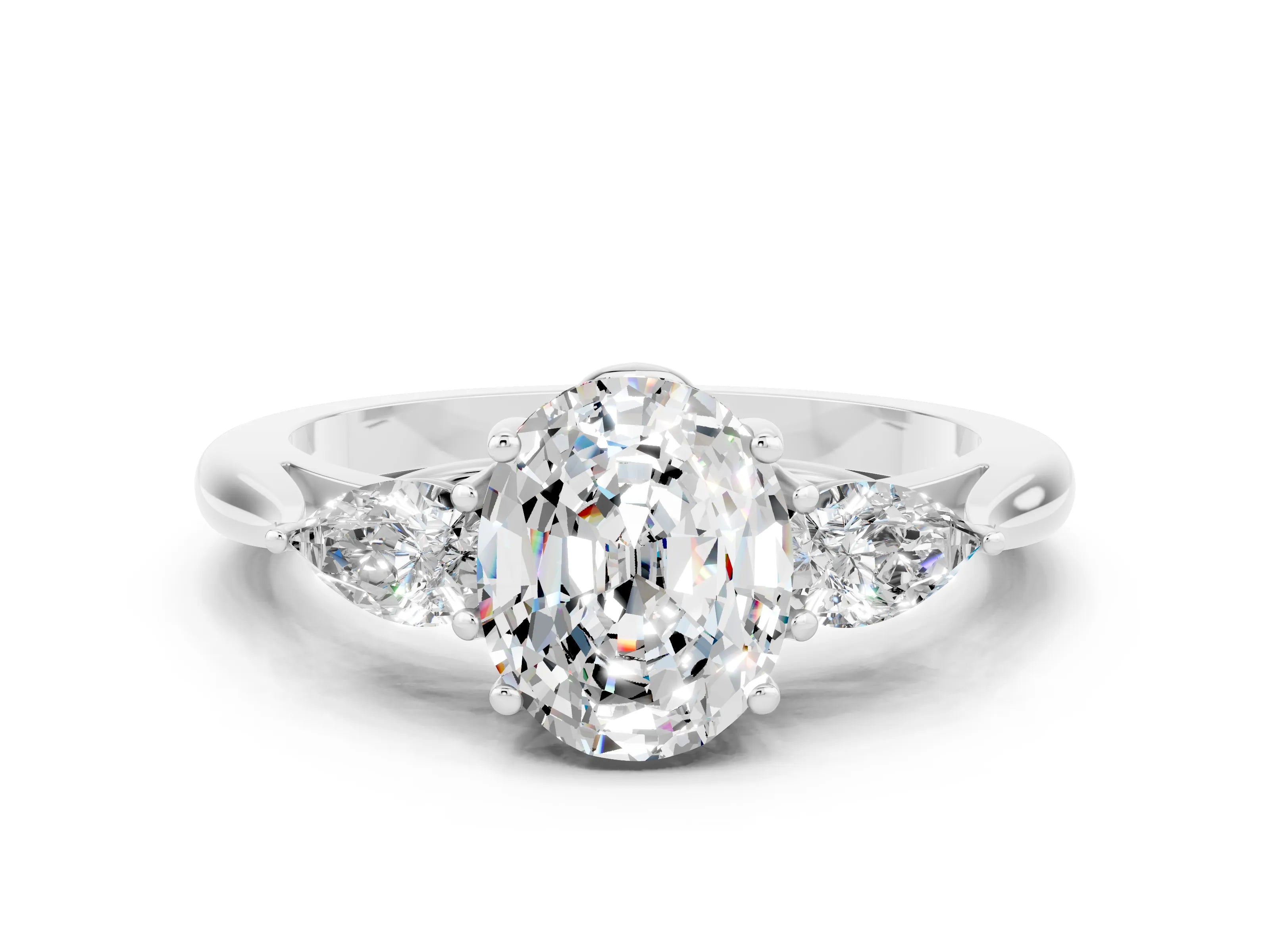 White gold Oval Cut Moissanite Three-Stone Ring with Pear Side Stones and Four-Prong Setting_12