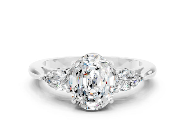 Silver Oval Cut Moissanite Three-Stone Ring with Pear  Side Stones and Prong Setting