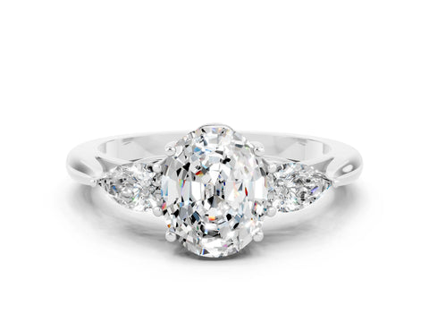 White gold Oval Cut Moissanite Three-Stone Ring with Pear Side Stones and Four-Prong Setting_12