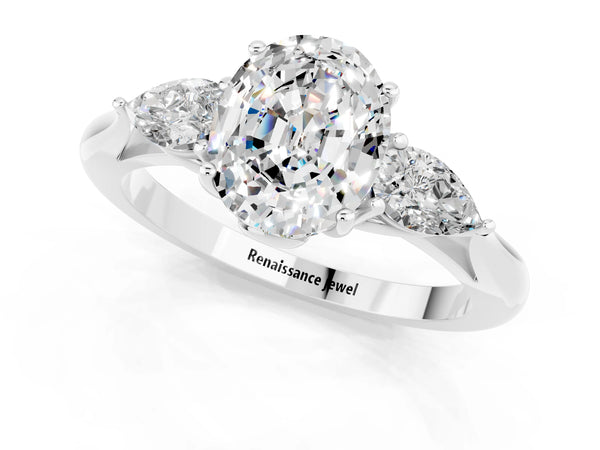 Platinum Oval Cut Moissanite Three-Stone Ring with Pear  Side Stones and Prong Setting