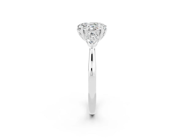 Platinum Oval Cut Moissanite Three-Stone Ring with Pear  Side Stones and Prong Setting