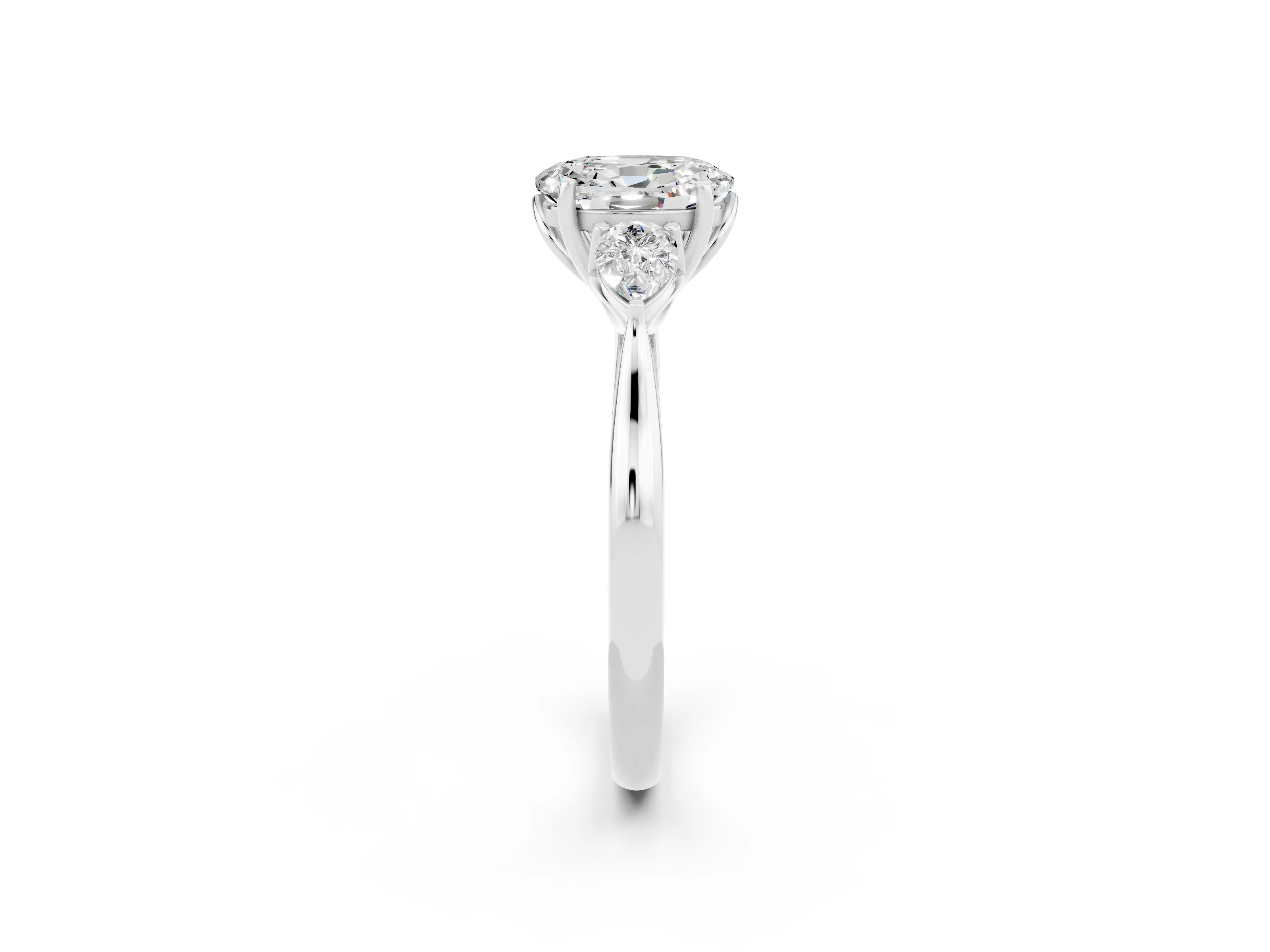 White gold Oval Cut Moissanite Three-Stone Ring with Pear Side Stones and Four-Prong Setting_14