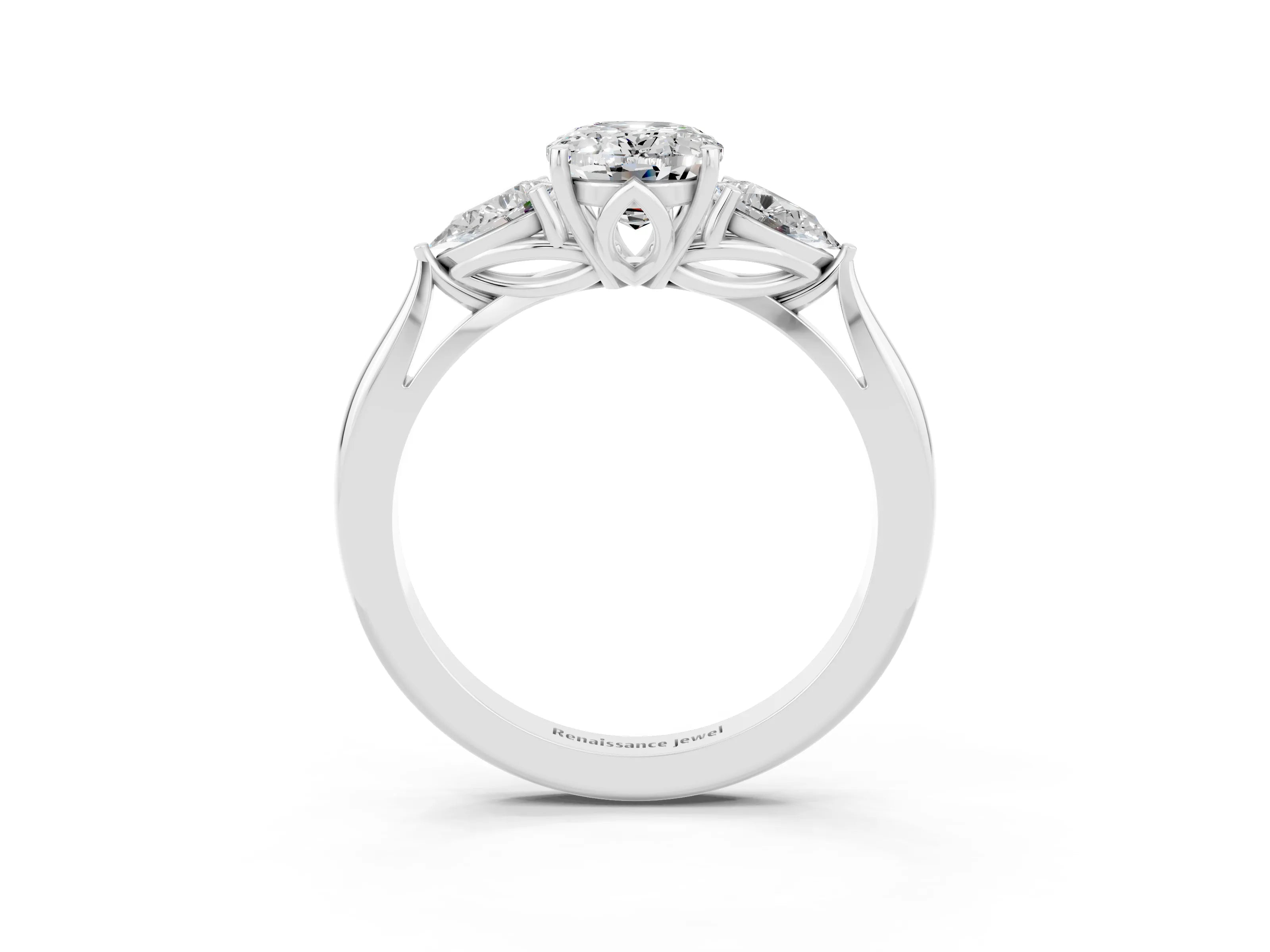 White gold Oval Cut Moissanite Three-Stone Ring with Pear Side Stones and Four-Prong Setting_15