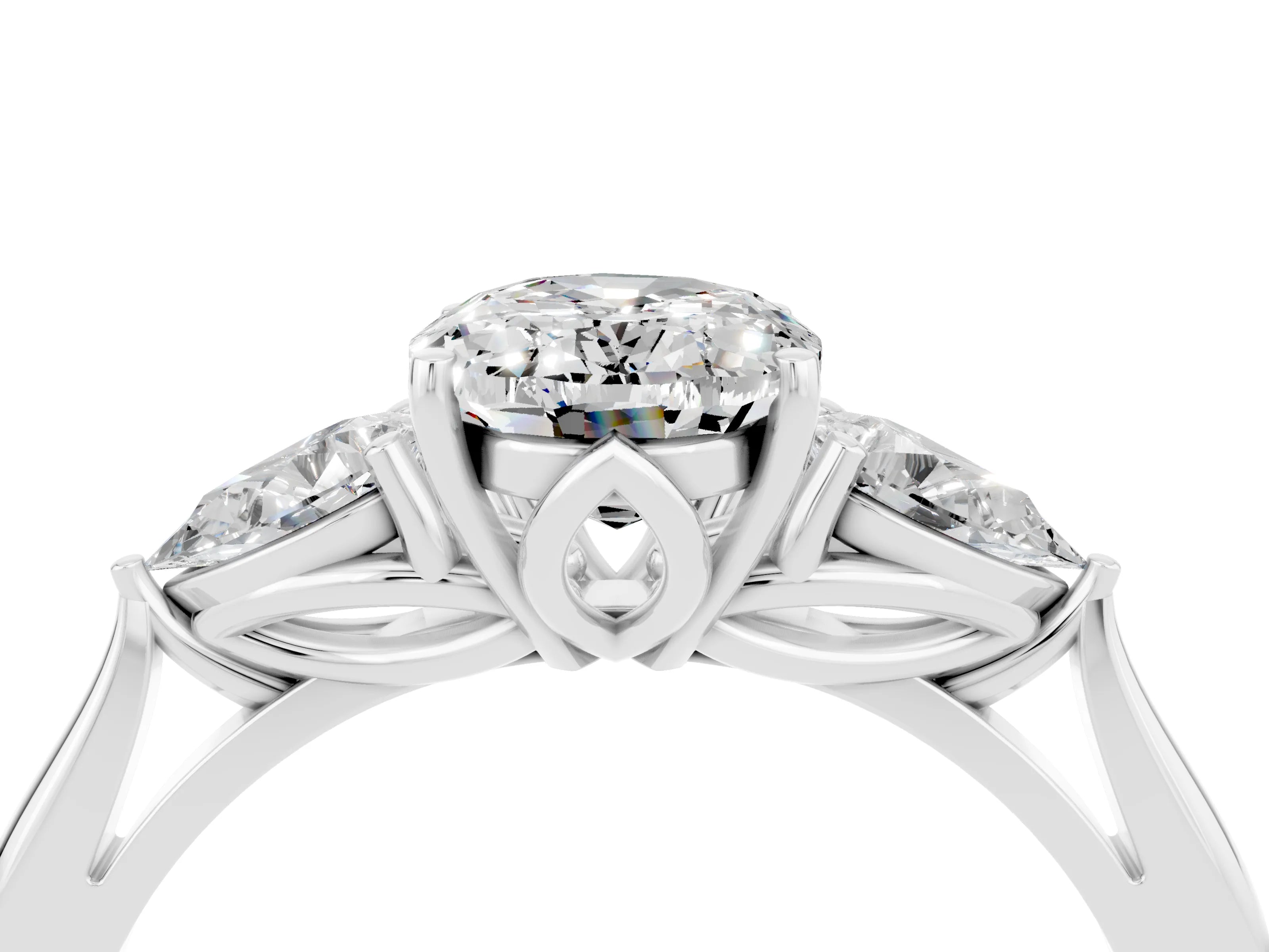 White gold Oval Cut Moissanite Three-Stone Ring with Pear Side Stones and Four-Prong Setting_16
