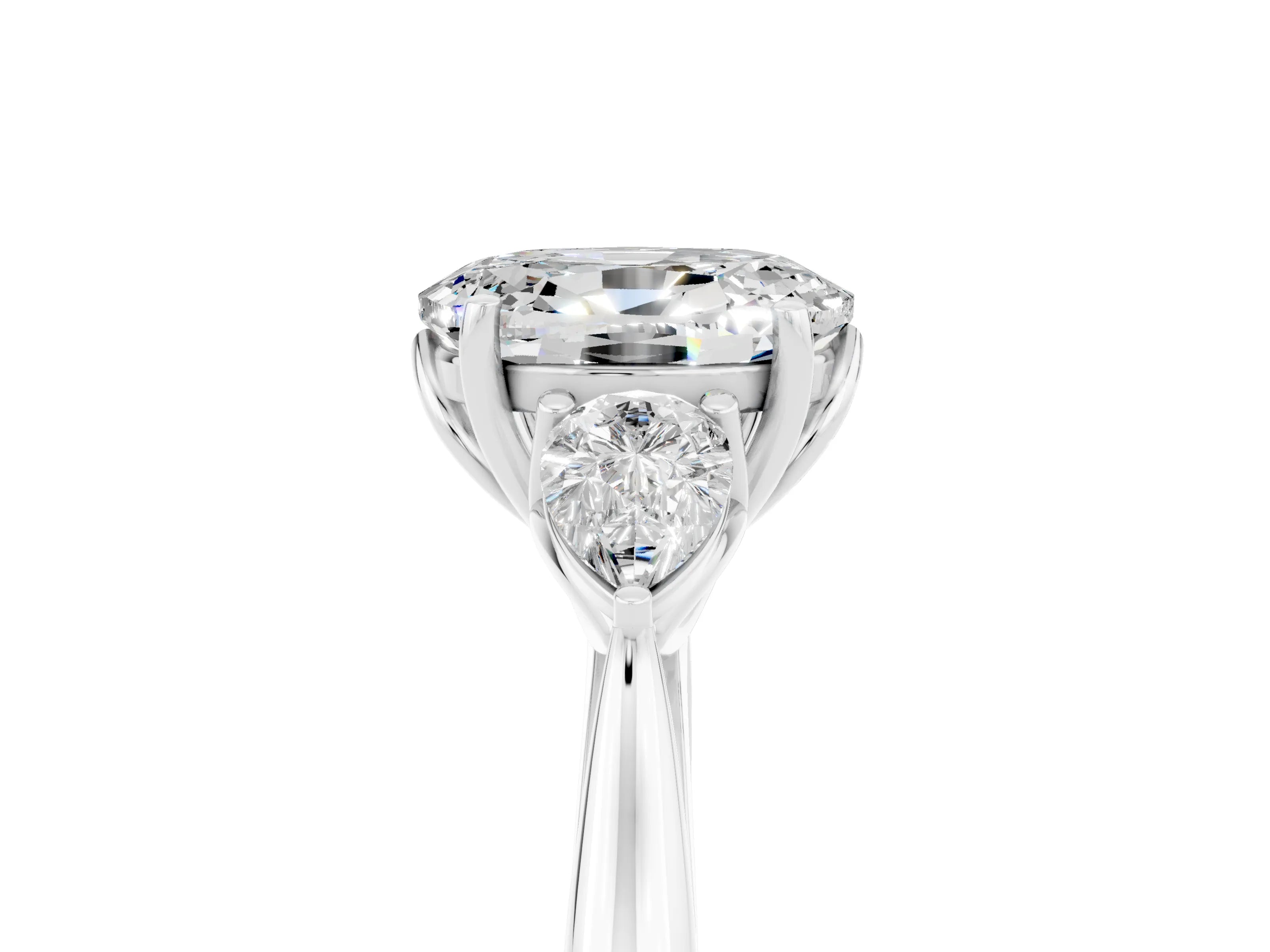 White gold Oval Cut Moissanite Three-Stone Ring with Pear Side Stones and Four-Prong Setting_17
