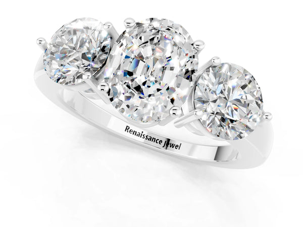White gold Oval Cut Moissanite Three-Stone Ring with Prong Setting and Classic Band
