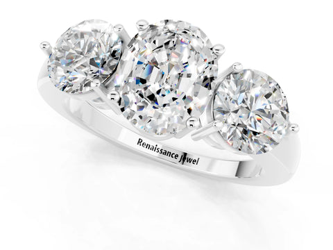 White gold Oval Cut Moissanite Three-Stone Ring with Prong Setting and Classic Band_1