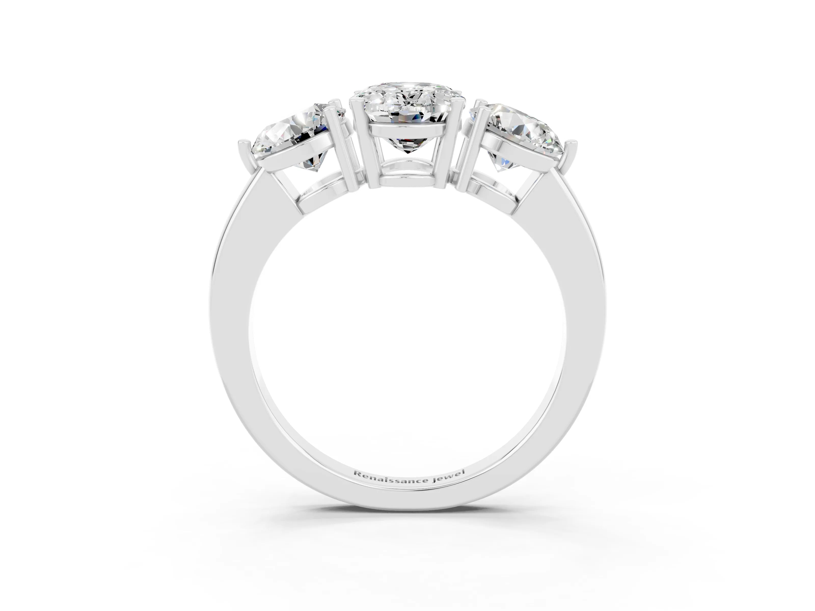 White gold Oval Cut Moissanite Three-Stone Ring with Prong Setting and Classic Band_3