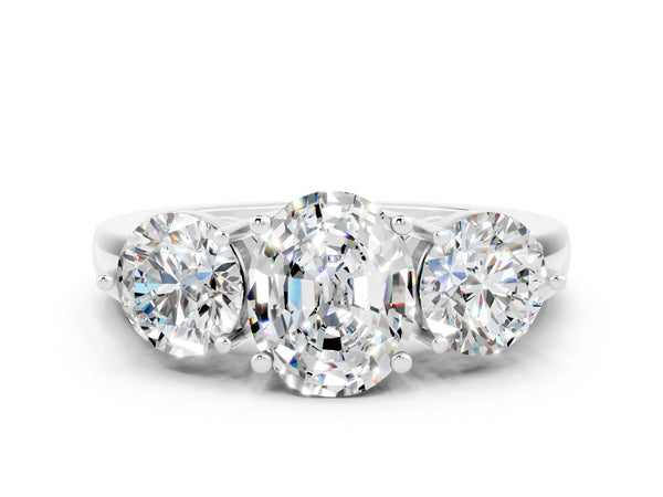 White gold Oval Cut Moissanite Three-Stone Ring with Prong Setting and Classic Band