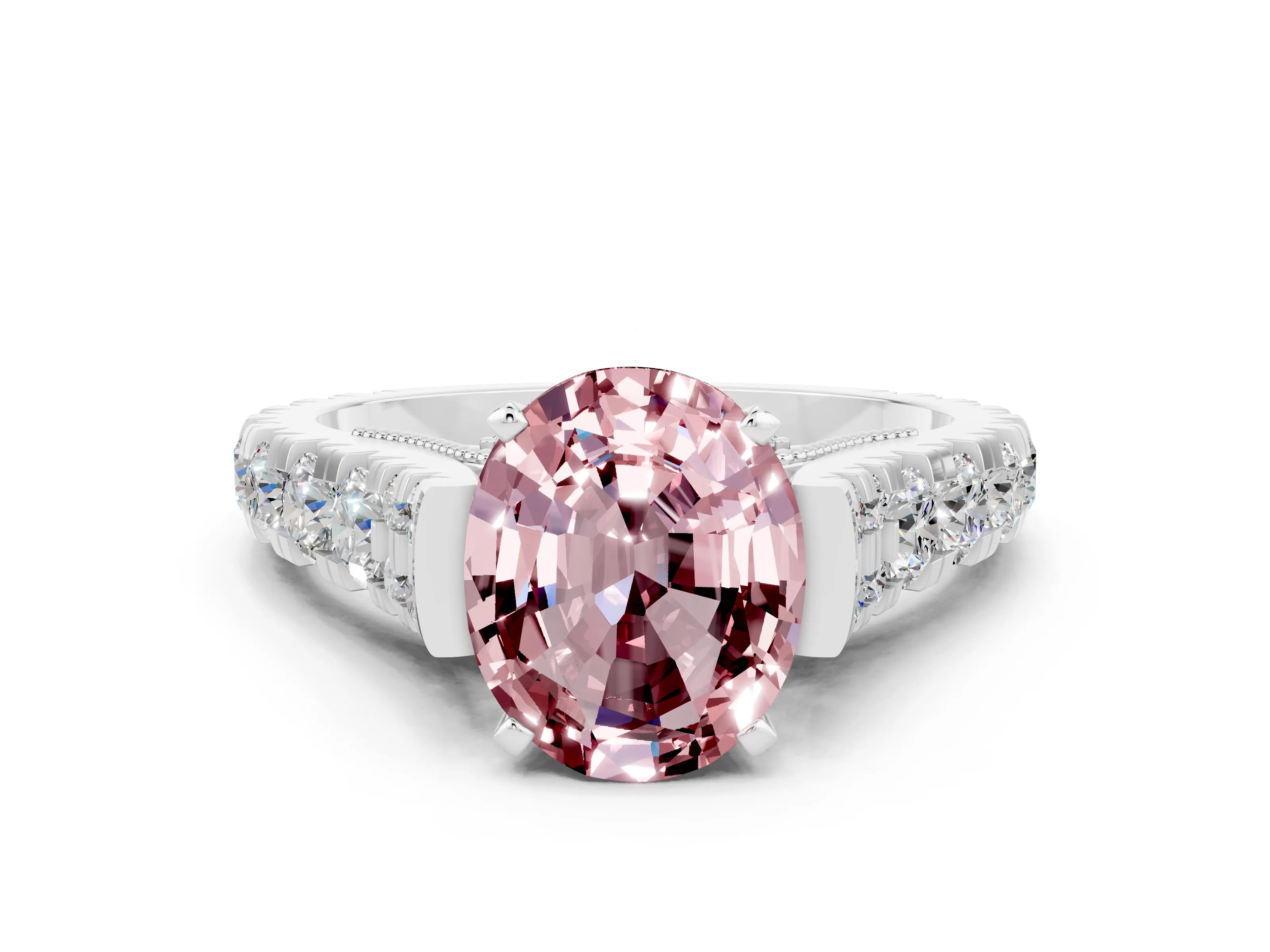 White gold Oval Cut Morganite Classic Solitaire Ring with Pavé Band and Four-Prong Setting