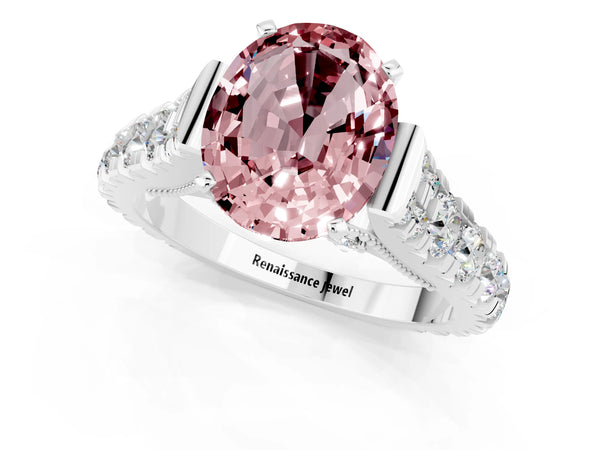 White gold Oval Cut Morganite Classic Solitaire Ring with Pavé Band and Four-Prong Setting
