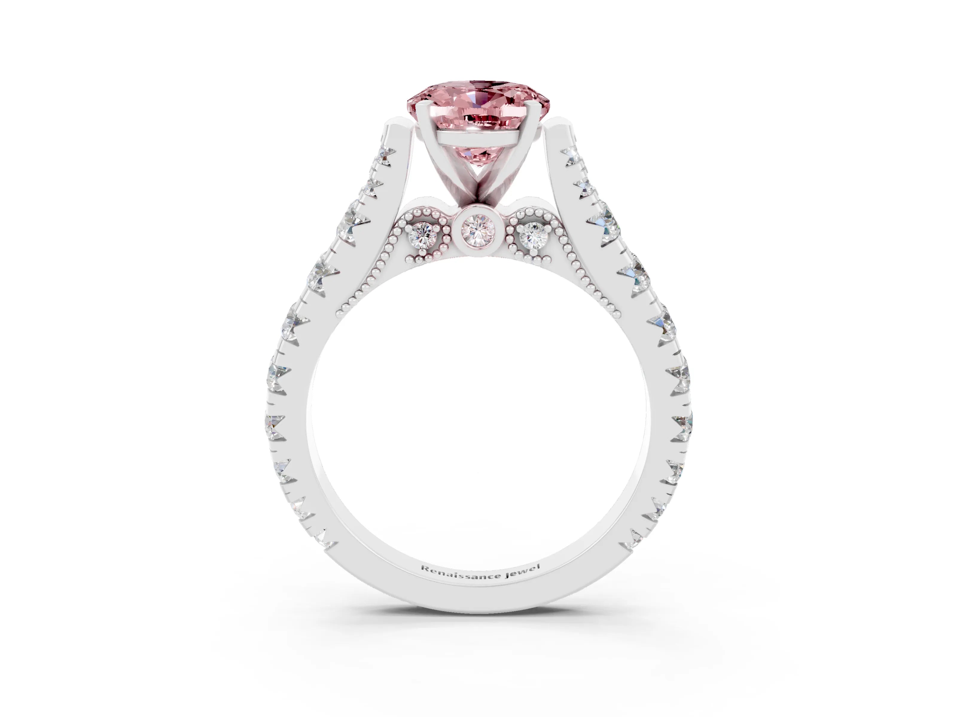 White gold Oval Cut Morganite Classic Solitaire Ring with Pavé Band and Four-Prong Setting_3