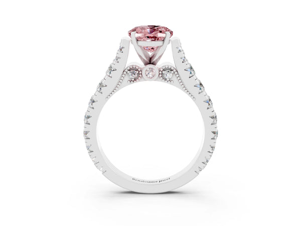 Platinum Oval Cut Morganite Classic Solitaire Ring with Pavé Band and Four-Prong Setting