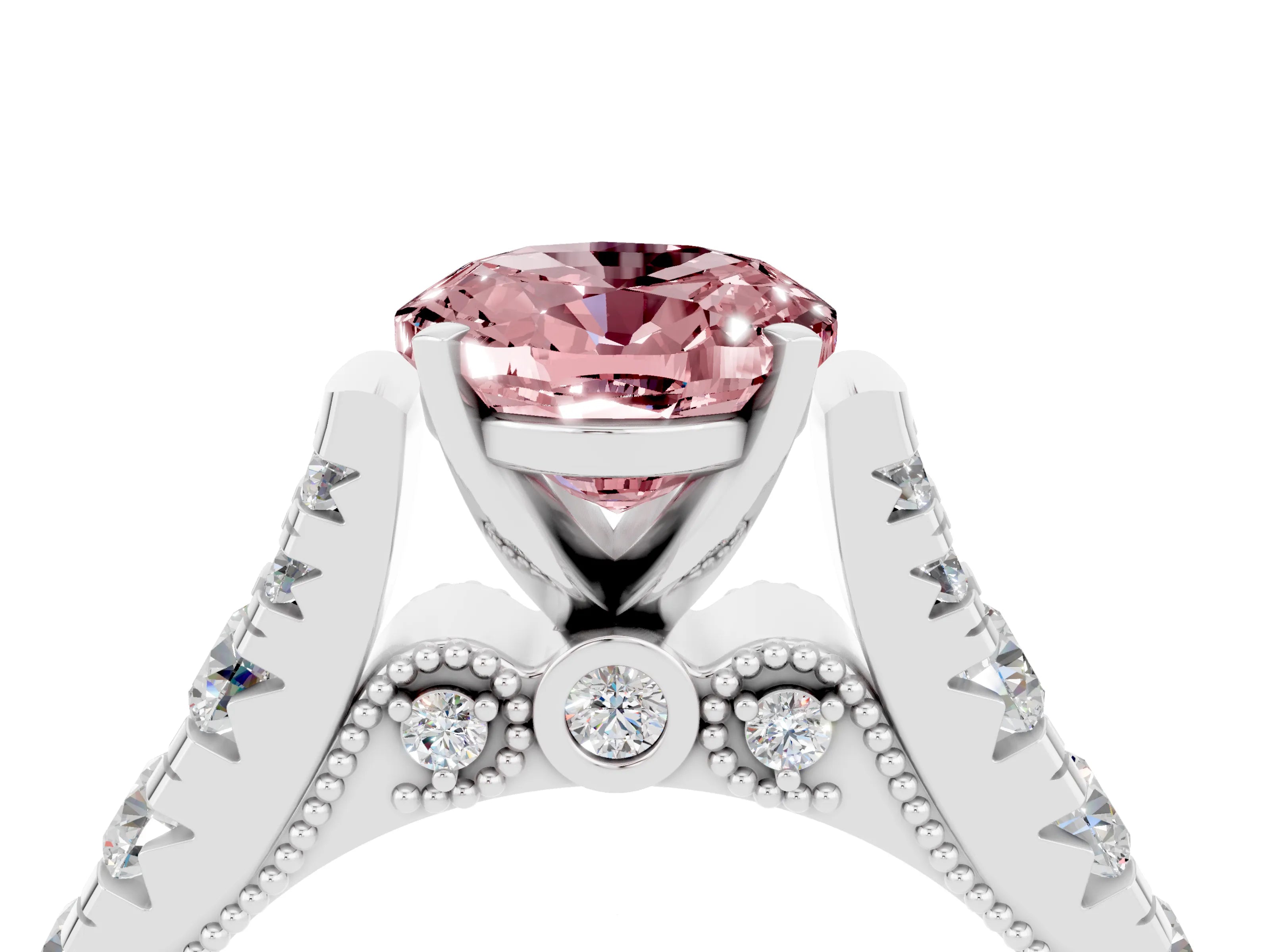 White gold Oval Cut Morganite Classic Solitaire Ring with Pavé Band and Four-Prong Setting_4